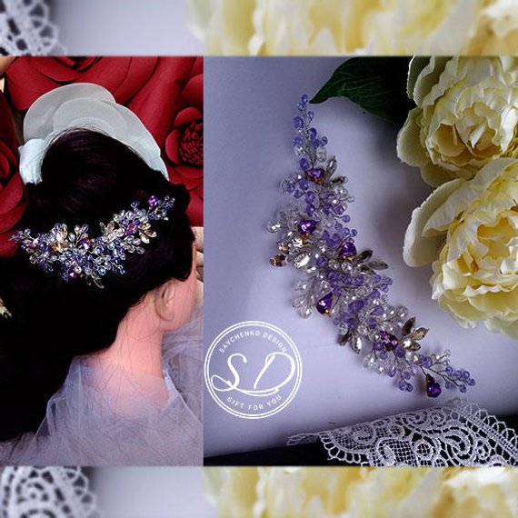Hochzeit - Lavender Bridal Hair Comb Purple hair accessory Amethyst Hair Comb Violet Hair Clip Purple bridesmaid Lavender Headpiece Delicate hair vine