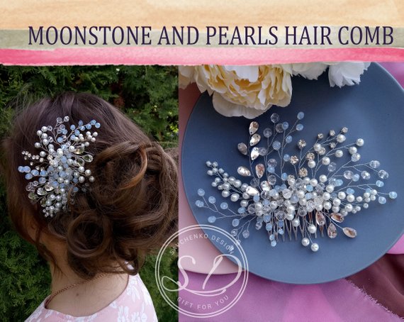 Hochzeit - Moonstone hair comb for wedding rainbow moonstone pearl Headpiece Tocados novia bridal hair accessories Bridal Hair comb moonstone hair clip
