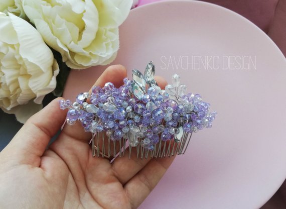 Hochzeit - Lavender bridesmaid set of 2,3,4,5,6,7 Hair Comb Lavender Headpiece Delicate hair vine purple bridal hair comb purple crystal hair combs