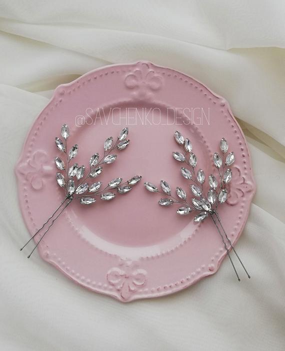 زفاف - set of 2 Rhinestone Hair Pin Wedding Bridal Hair Pin Branch Hair Pin Bridal hair piece Silver bridal hair accessories crystal jewelry