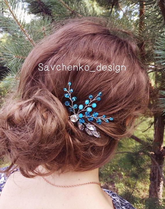 Wedding - Royal blue hair pins Beach Wedding Hair Clip Rhinestone Bobby Pins Nautical Wedding Hairpiece Something Blue for bride sapphire aquamarine