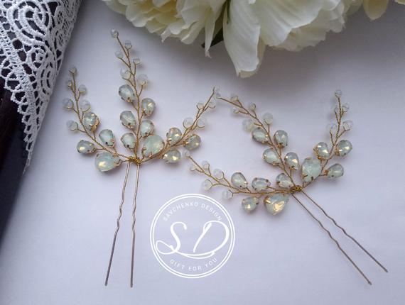 Wedding - White opal Swarovski Hair Pins Crystal Hair crystals Blue Opal hair pin opal hair accessories white opal hair pin Leaf Jeweled Adornment