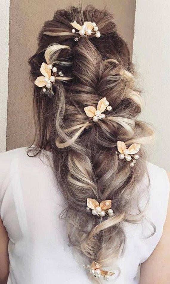 Свадьба - Bridal Pearls Hair Pins Pair Vintage hair accessories Gold bridal headpiece Gold Bridal Hair Comb Wedding leaf hair pin Bridesmaids gifts
