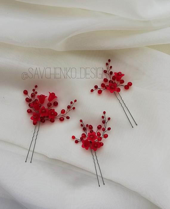 Hochzeit - Fall Bobby pins Burgundy set of 3 Red flower Hairpin Red Bridal Accessories Rustic Wedding Winter deep red hair pins Red Bridal Headpiece