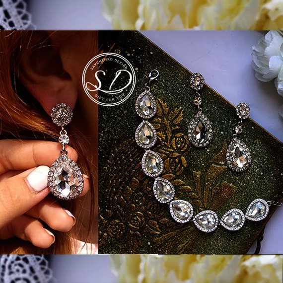 Wedding - Bridal jewelry Earrings and Bracelet Set teardrop armband bridal jewelry set for bride silver Earrings kronleuchter ohrringe kristall