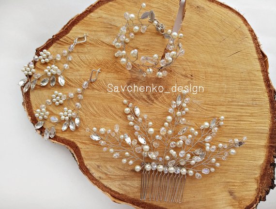 زفاف - Bohemian bridal headpiece Bridal crystal bracelet Pearl hair comb Pearl Bridal Jewelry Set Bridal hair comb Rhinestones Wedding Jewelry set