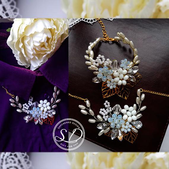 Свадьба - Gold Bridal Jewelry SET Necklace and Bracelet set Crystal Flower Leaf Necklace Moonstone wedding set Gold Bridal Bracelet Bridesmaid jewelry