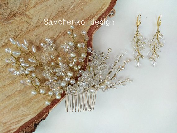 Hochzeit - Bridal Jewelry Set Ivory Hair Comb Pearl Bridal earrings Chandelier earrings Boho hairpiece Rose gold hair comb Bridal lace hair comb