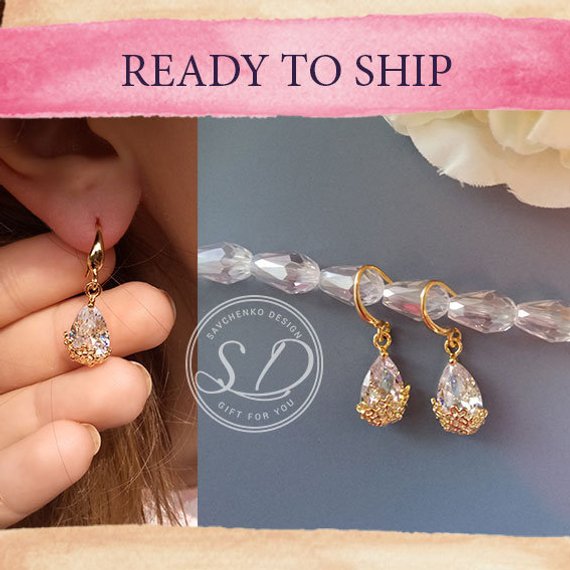 زفاف - Dantiy Gold Teardrop Earrings-Clear Rhinestone small Wedding Earrings-Vintage Style-earring bridesmaid card-Bridal Earrings-dangle earrings