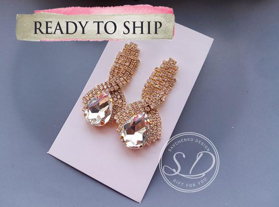 زفاف - Long Gold Swarovski Chandelier earrings CZ Wedding Earrings Teardrop Bridal Earrings Prom Pageant earrings Cubic Zirconia Bridal Jewelry