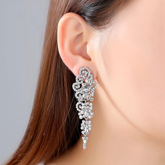 Hochzeit - Teardrop CZ Dangle Earrings 3 inch bridal earrings long wedding earrings for brides Bridal Cubic Zirconia Earring Glamorou Wedding Earrings