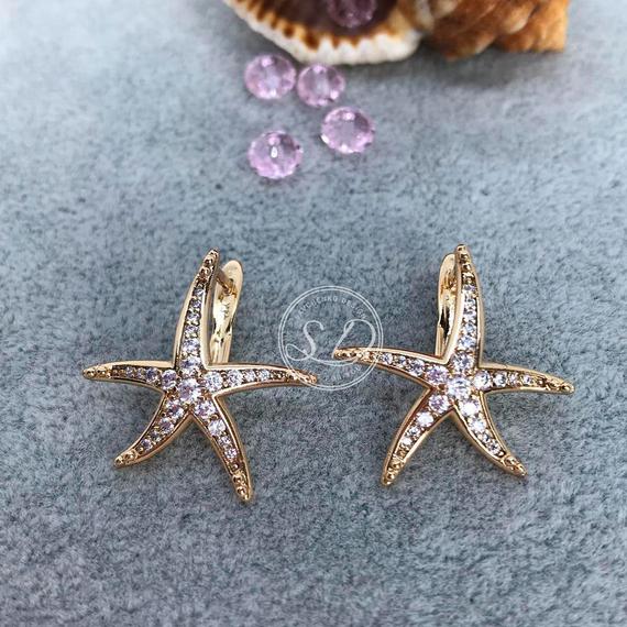 Mariage - Gold Starfish Earrings Studs-Beach Wedding-beach wedding jewelry bridesmaid gift-Simple Modern Jewelry Swarovski Gold Filled Ocean Earrings