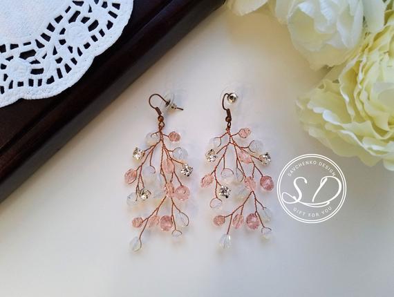Свадьба - Moonstone Smokey Quartz Dangle Earrings Strawberry Earrings Gift For Mom Gemstone Earrings Pink Beaded Earrings Wedding Jewelry
