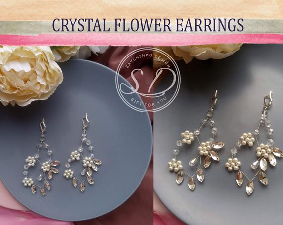 Hochzeit - Ivory Pearl Crystal Dangle Earrings Bridal earrings Bridesmaid Earrings Gift For Wife Drop Pearl Earrings Prom Bridesmaid Flower Girl