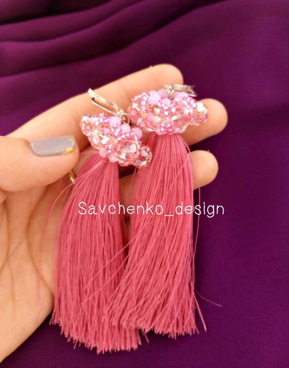 Wedding - Long Earrings Druzy Jewelry Circle Earrings Long pink beaded tassel clip Silky Tassel Jewelry Custom Tassel Earring Hot Pink Tassel Earrings