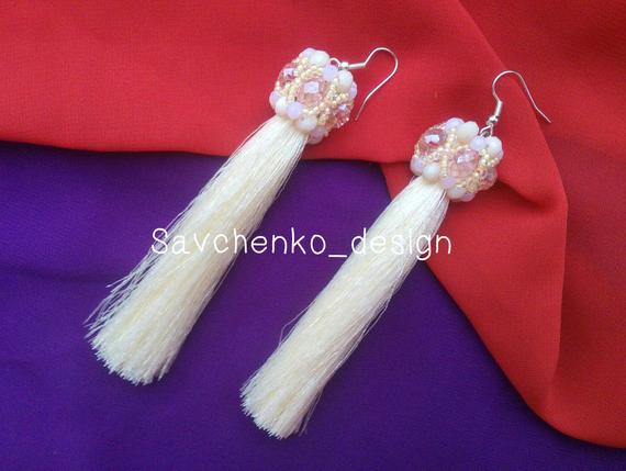 Hochzeit - Ivory Cream Tassel Earrings Crystal earrings Long Earrings Boho Chic Earrings tassels Circle Earrings Beaded earrings cream silk tassel