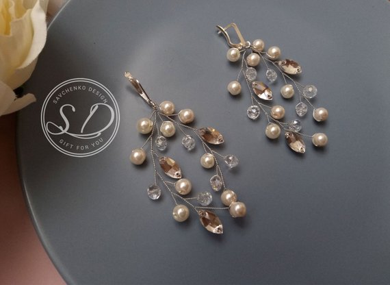 Hochzeit - Pearl Earrings Dainty Crystal Gem Earrings Bridesmaid Earrings Mothers Day Gift Blush Earrings Crystal Chandelier Earrings Blush chandelier
