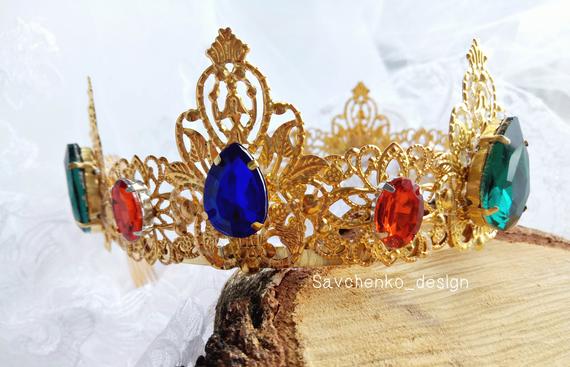 Wedding - Gold Red Bridal Tiara Dolce crown Gold Red Wedding Crown Renaissance Tiara Medieval Wedding Adult headband woman Embroidered crown