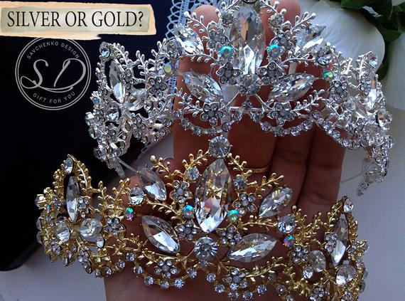 Wedding - Gold Bridal Tiara Gold Beaded Crystal Tiara Sweet 16 Gold Crowns gold or silver bridal full Swarovski crystal bridal crown Vintage Style