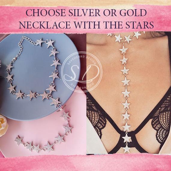 زفاف - Dainty Star Choker Necklace, sterling silver chain, necklace minimalist, Long Charm Pendant,Necklace with stars long necklace long drop star