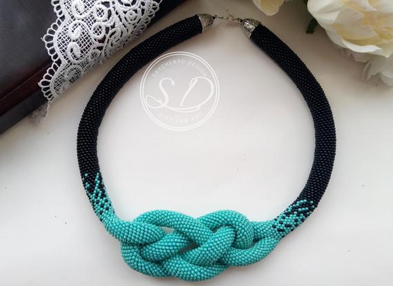 زفاف - Blue beaded rope harness necklace rope crocheted necklace with beads Gift necklace women blue and black jewelry bead crochet rope Elegant