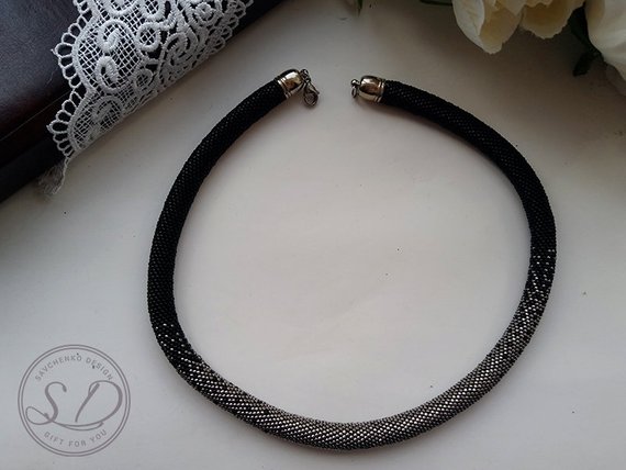 Mariage - Beaded Crochet Necklace Black silver rope necklace gift for her Boho Necklace beadwork office Classic elegant rope necklace christmas gift