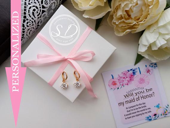 Wedding - Will you be my maid of honor proposal earring personalized Jewelry Boxes, minimalism earring, bridesmaids Rhinestone LUX Cubic earrings