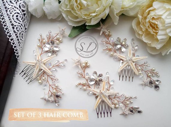 Свадьба - Set of 3,4,5,6,7,8 Bridesmaid starfish hair comb for beach wedding hair accessories Hair Piece pearls and crystal hair pin bridal hair comb