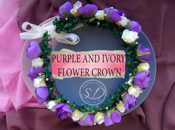 Свадьба - Ivory purple and lilac flower girl rose floral crown wildflower crown bridal floral headpiece beach destination wedding Boho wreath