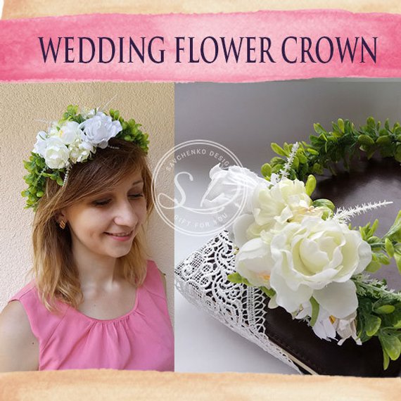 Mariage - Wedding flower crown Bridal flower crown Beach wedding hair Boho floral crown Woodland headpiece Elf crown Nautical bridal Elven headpiece