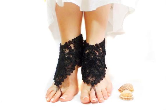 Hochzeit - Black lace gothic barefoot sandals, armor barefoot, gothic steampunk clothing, beach wedding barefoot sandals, gothic sexy nude shoes