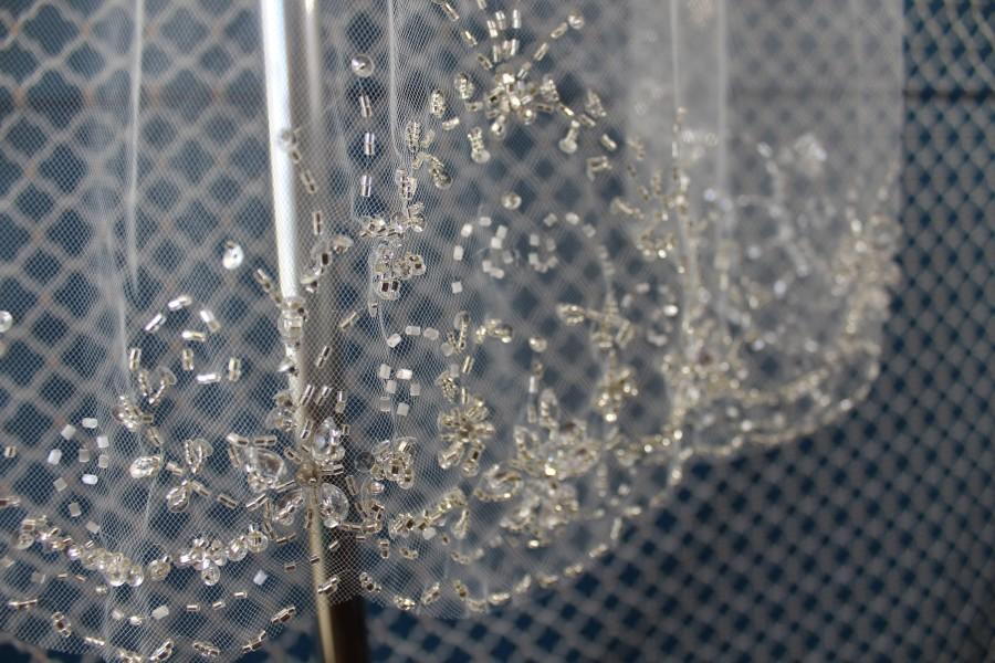 Свадьба - Fast Ship - 36" Inch  - Beaded Veil with Bugles Beads, Rhinestones, Rondelles, Sequins & Beads - Fingertip Beaded Veils - Scallop Edge Veils