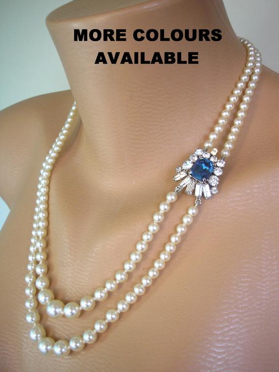 زفاف - Vintage Pearl Necklace, Ivory Pearls, Great Gatsby, Art Deco, Wedding Jewelry, Bridal Necklace, 2 Strand Pearls, Pearl and Rhinestone