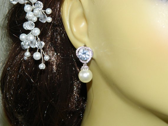 Wedding - Wedding Pearl Earrings, Ivory Pearl Bridal Earrings, Swarovski 10mm Pearl Cubic Zirconia Earrings, Bridesmaid Jewelry, Pearl Drop Earrings