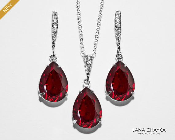 Mariage - Red Crystal Jewelry Set, Wedding Dark Red Earrings&Necklace Set, Swarovski Siam Sterling Silver Chain Jewelry Set Bridesmaids Bridal Jewelry