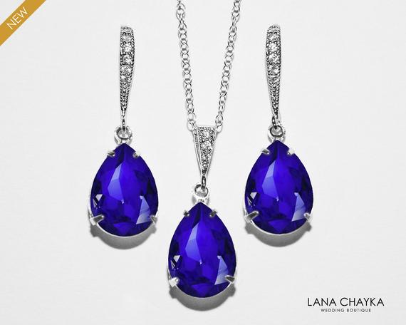 Hochzeit - Blue Crystal Jewelry Wedding Set, Swarovski Majestic Blue Earring&Necklace Set, Cobalt Jewelry Set, Sapphire Bridesmaids Bridal Jewelry Sets