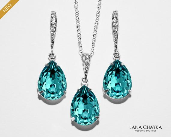 Mariage - Turquoise Crystal Jewelry Set, Swarovski Light Turquoise Earrings&Necklace Set Wedding Teal Jewelry Bridal Bridesmaid Light Teal Jewelry Set
