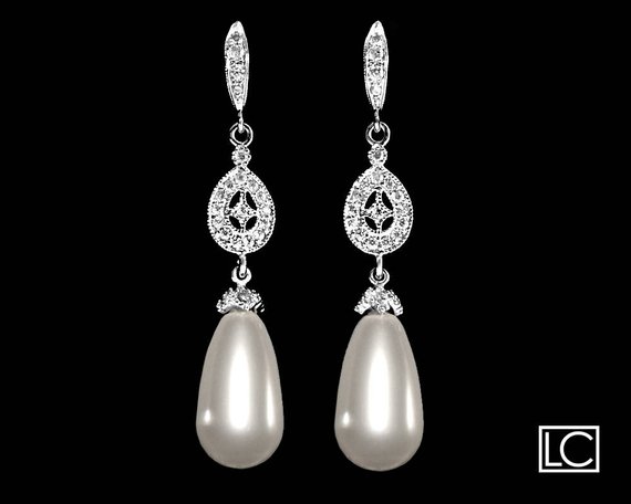 Свадьба - White Pearl Chandelier Earrings Swarovski Teardrop Pearl CZ Earrings Bridal Pearl Silver Dangle Earrings Wedding Bridesmaids Pearl Jewelry