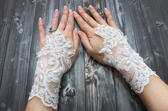 Mariage - Lace beaded wedding gloves, bridal ivory white gloves sophisticated fingerless lace gloves, french lace