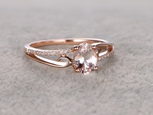 Hochzeit - 6x8mm Oval Morganite Engagement Ring Diamond Wedding Ring 14k Rose Gold Simple Split Shank