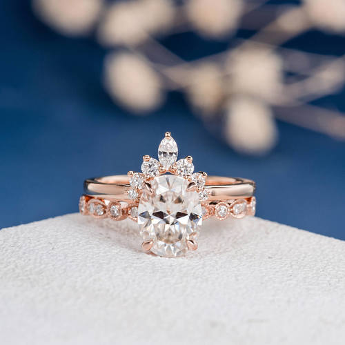 زفاف - Unique Moissanite Engagement Ring Set Rose Gold Marquise Diamond Art Deco Band Oval Cut Bridal Wedding Antique Promise Women Anniversary 2pc