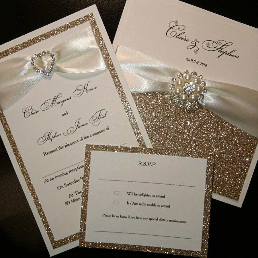 Hochzeit - Champagne gold glitter wedding invitations luxury handmade
