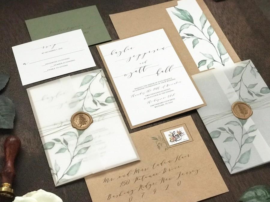 Mariage - Vellum Wedding Invitation Set with Wax Seal and Printed Greenery, Rustic Elegant Invite, Modern Calligraphy with Thread and Vellum Wrap