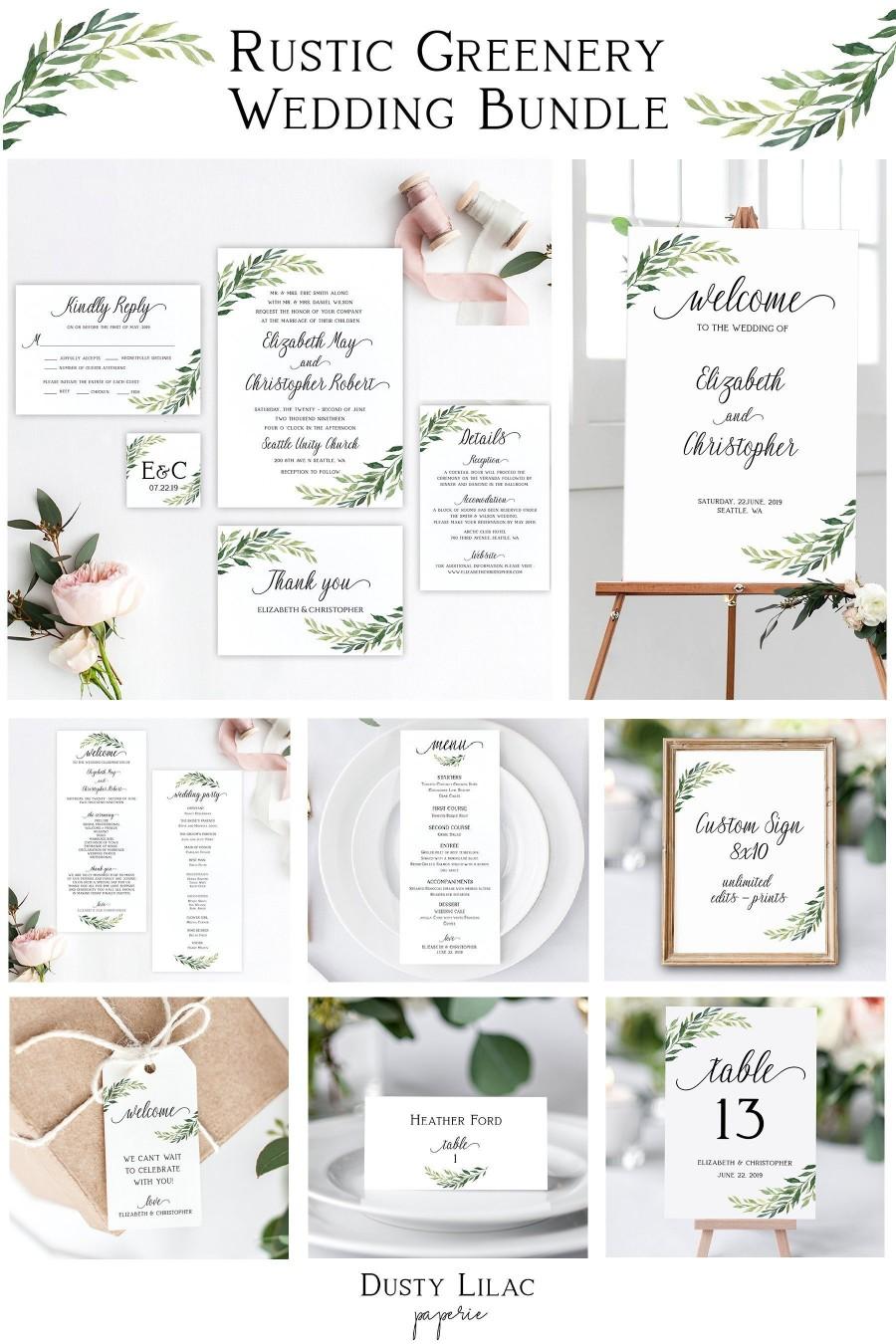 Mariage - printable wedding invitation set bundle, editable rustic greenery full wedding suite template, diy wedding stationery sign kit, DLP01