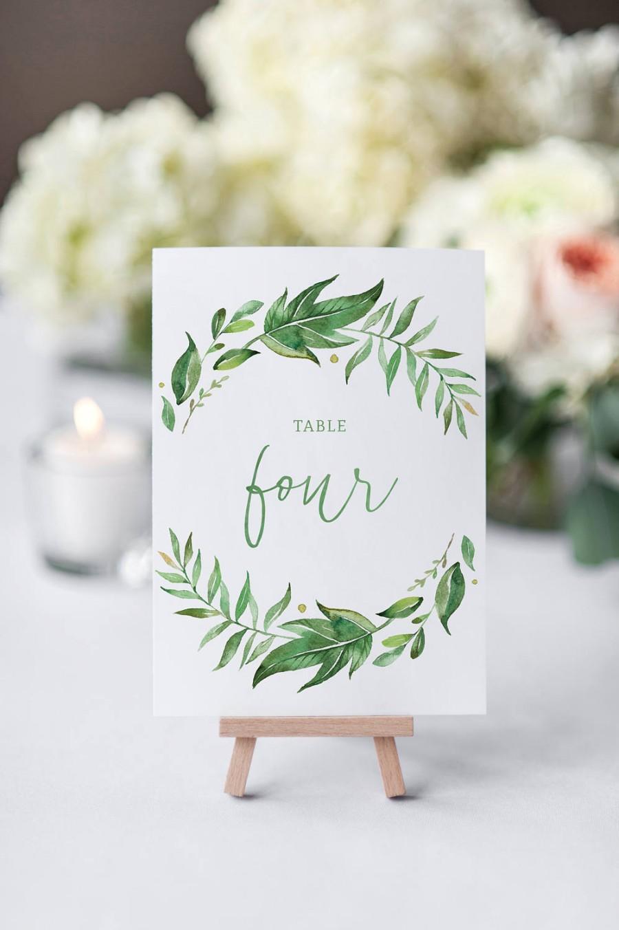 Wedding - Printable Wedding Table Numbers / Watercolor Wreath / Leaves / Calligraphy / Table Numbers 1-21 / Instant Download / Greenery / Digital 4x6
