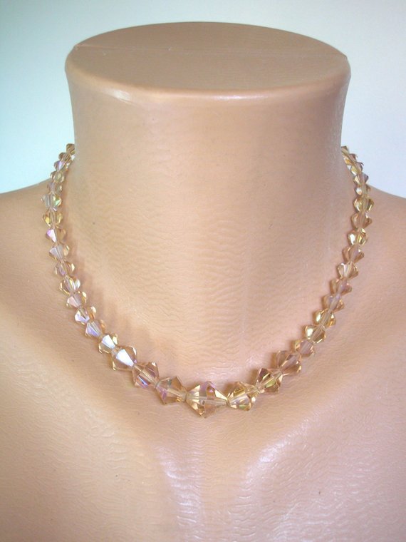 زفاف - Vintage Aurora Borealis Crystal Bicone Necklace, Necklace and Bracelet, Golden Shadow, Single Strand, Crystal Beads, 1960s Necklace