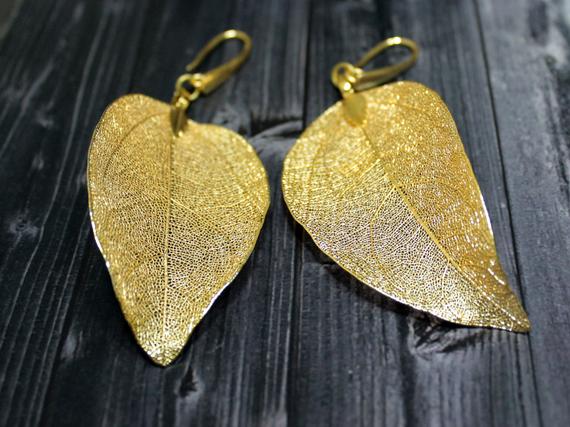 Wedding - Real Leaf Earrings Gold Leaf Earrings Gold Dipped Leaves Woodland Jewelry Wedding Jewelry Unique Gift For Girlfriend Valentines Day Gifts