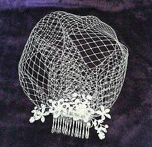 Wedding - Bridal Birdcage wedding veil. Diamante and pearl slivertone comb attached to 9" Ivory French net veiling. FREE UK POSTAGE