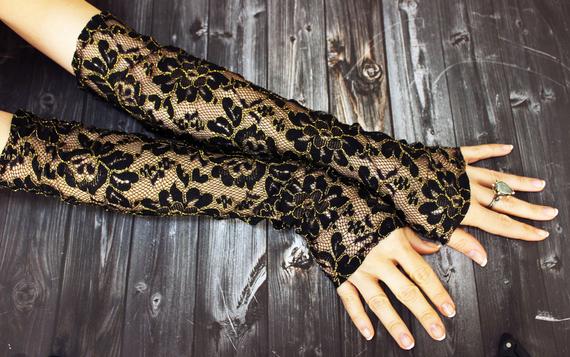 Hochzeit - Long Black Gold Lace Gloves Opera Gloves Belly Dance Costume Gloves Lace Embroidery Gloves Steampunk Lolita Noir Vampire Gothic Gift For Her