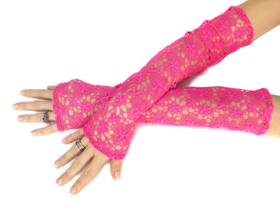 زفاف - Extra long pink lace gloves, belly dance costume accessories, opera party gloves lace fingerless gloves, fantasy lolita gloves